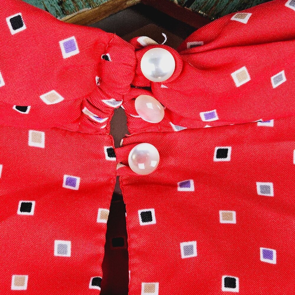 Vtg Lucky Me Loose Clergy Collar Neck Square Print Long Sleeve Silky Blouse, 38 - Picture 8 of 10